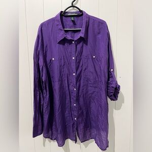 Lauren Ralph Lauren Top Silk button up Pullman sleeves pockets size 3X purple